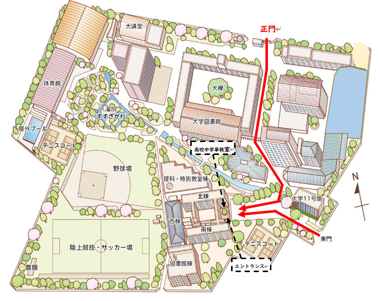 正門、東門から事務室、エントランスへの経路
